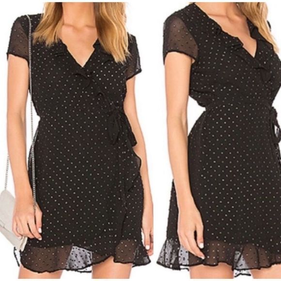 Bardot Faux Wrap Ruffle Neck Tie Waist Ruffle Bottom Mini Dress - Picture 2 of 10